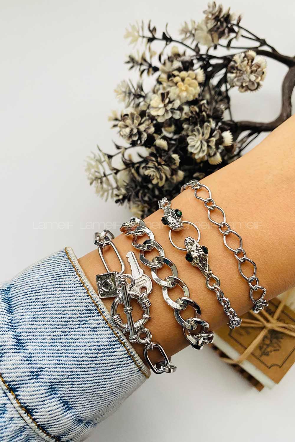 Modalamelif Gümüş 4lü Kombin Yılan Detay Bileklik Seti