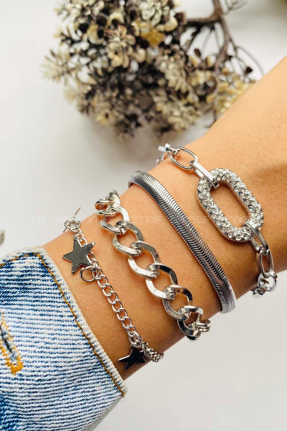 Modalamelif Gümüş 4lü Kombin Yıldız Detay Bileklik Seti