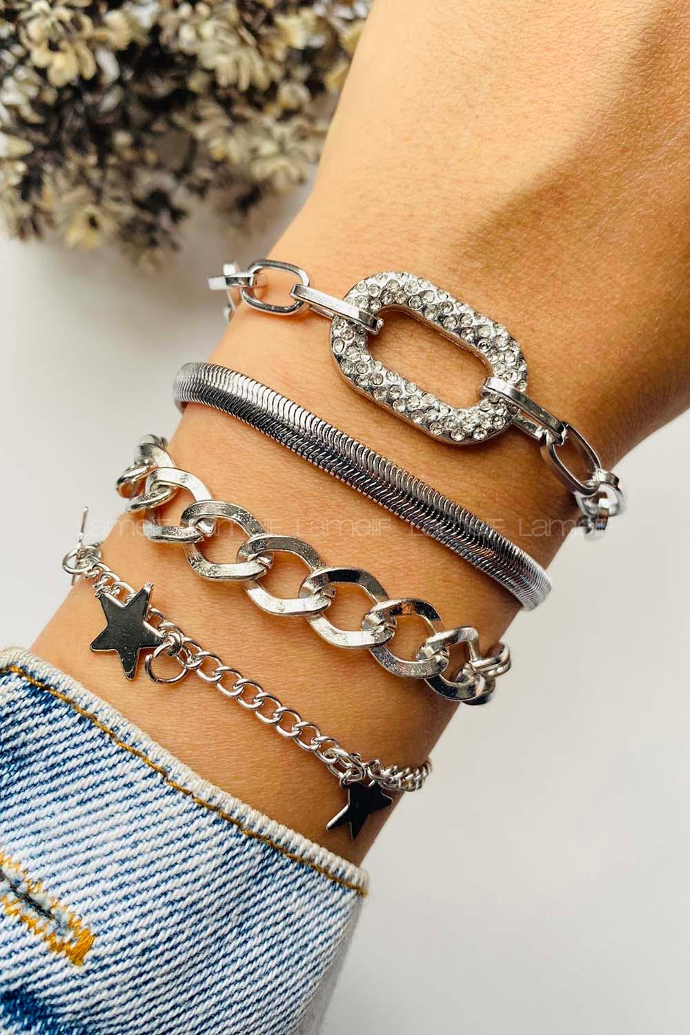Modalamelif Gümüş 4lü Kombin Yıldız Detay Bileklik Seti