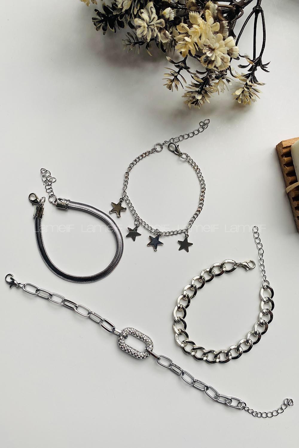 Modalamelif Gümüş 4lü Kombin Yıldız Detay Bileklik Seti