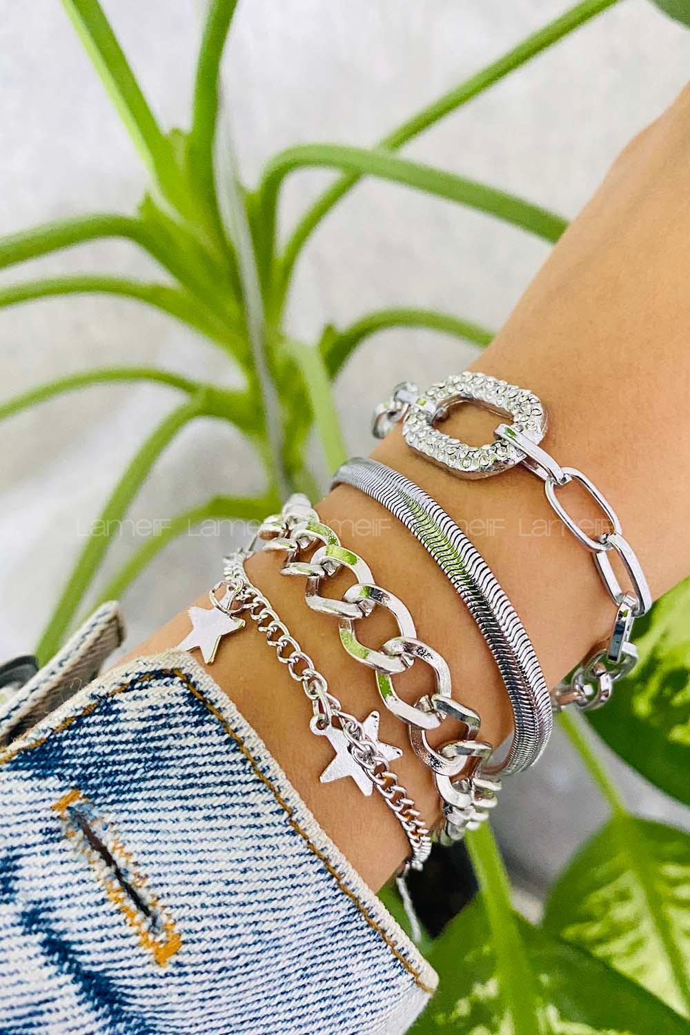 Modalamelif Gümüş 4lü Kombin Yıldız Detay Bileklik Seti
