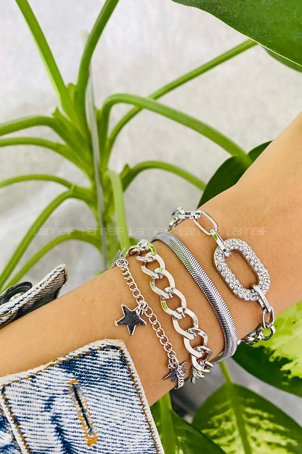 Modalamelif Gümüş 4lü Kombin Yıldız Detay Bileklik Seti