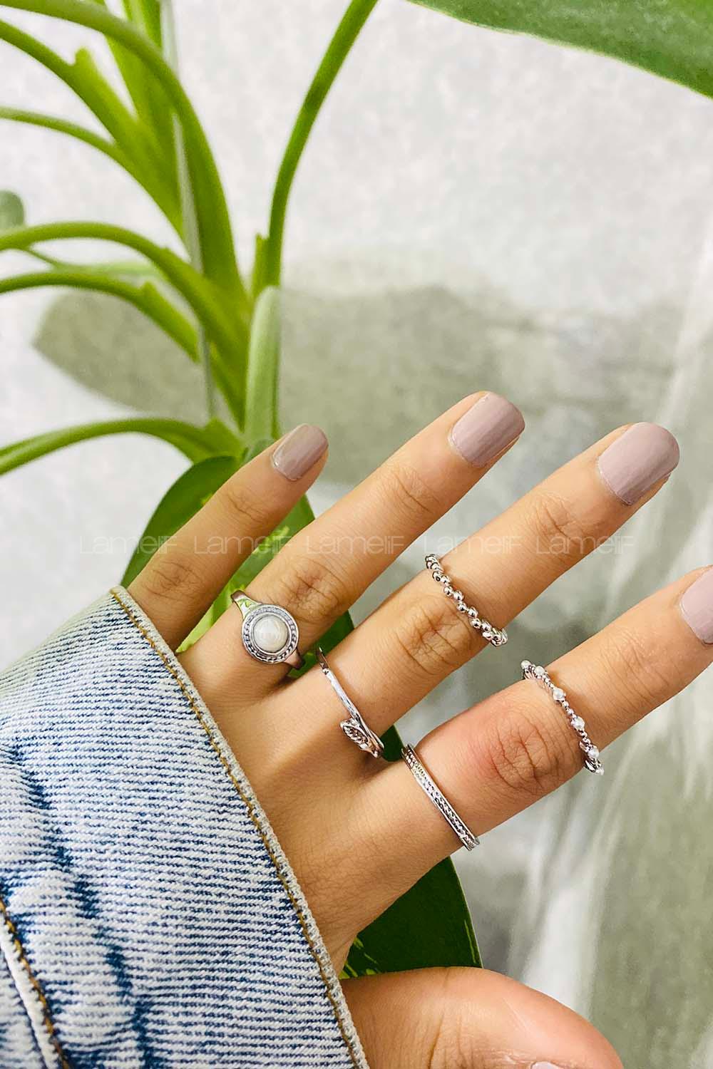 Modalamelif Gümüş 5 li Beyaz Taş Detaylı Yüzük Seti