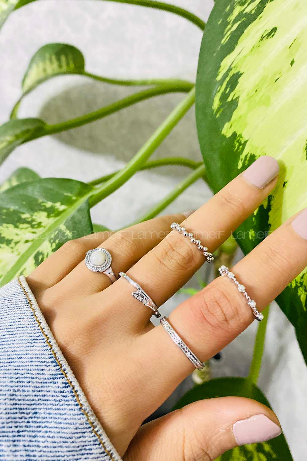 Modalamelif Gümüş 5 li Beyaz Taş Detaylı Yüzük Seti