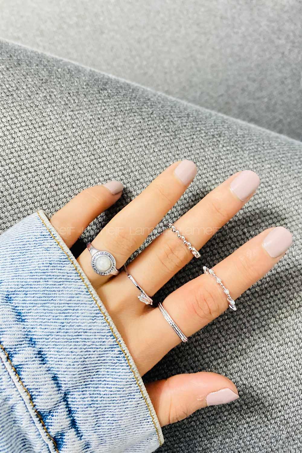 Modalamelif Gümüş 5 li Beyaz Taş Detaylı Yüzük Seti