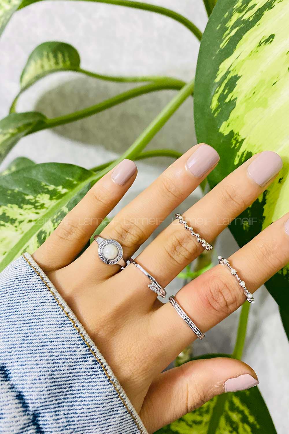 Modalamelif Gümüş 5 li Beyaz Taş Detaylı Yüzük Seti