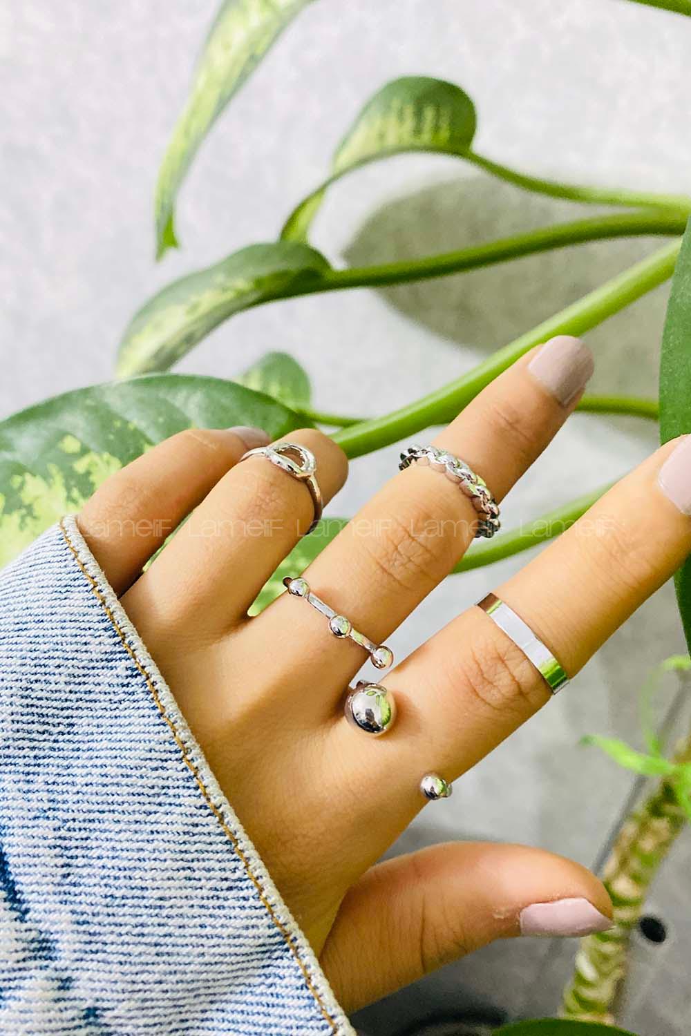 Modalamelif Gümüş 5 li Halka Detay Yüzük Seti