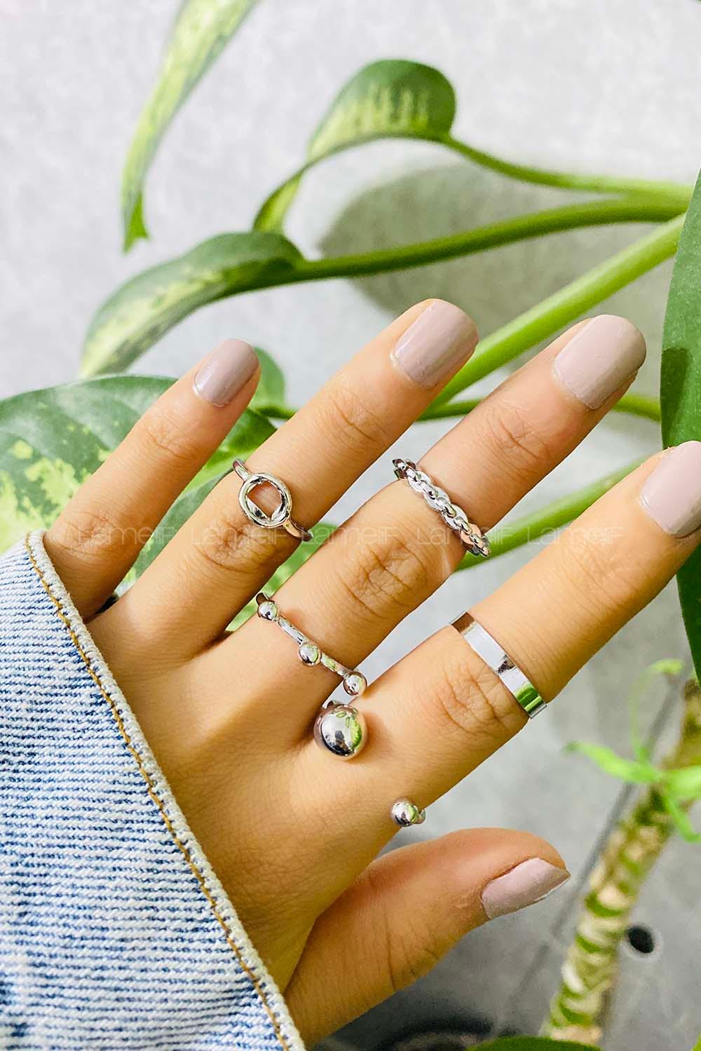 Modalamelif Gümüş 5 li Halka Detay Yüzük Seti