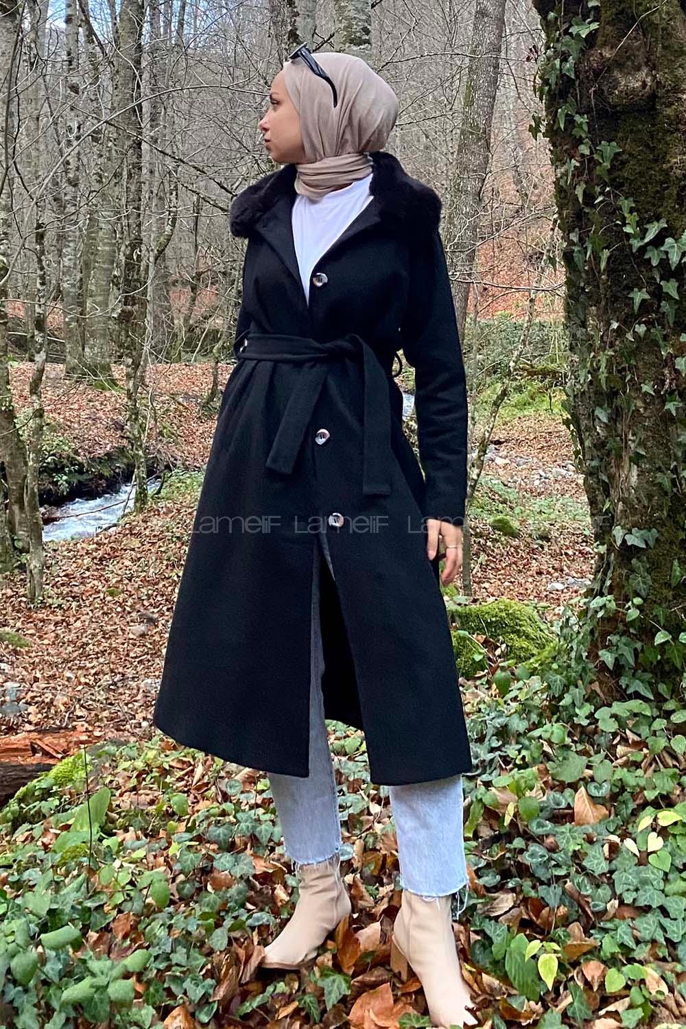 Modalamelif Kürk Detaylı Astarlı Kaşe Kaban Siyah