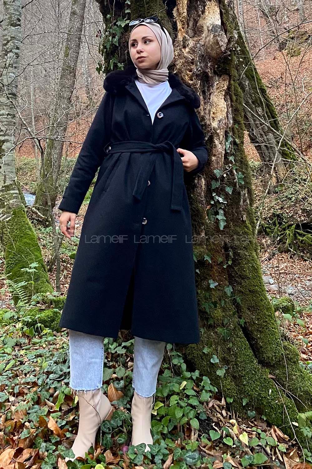 Modalamelif Kürk Detaylı Astarlı Kaşe Kaban Siyah