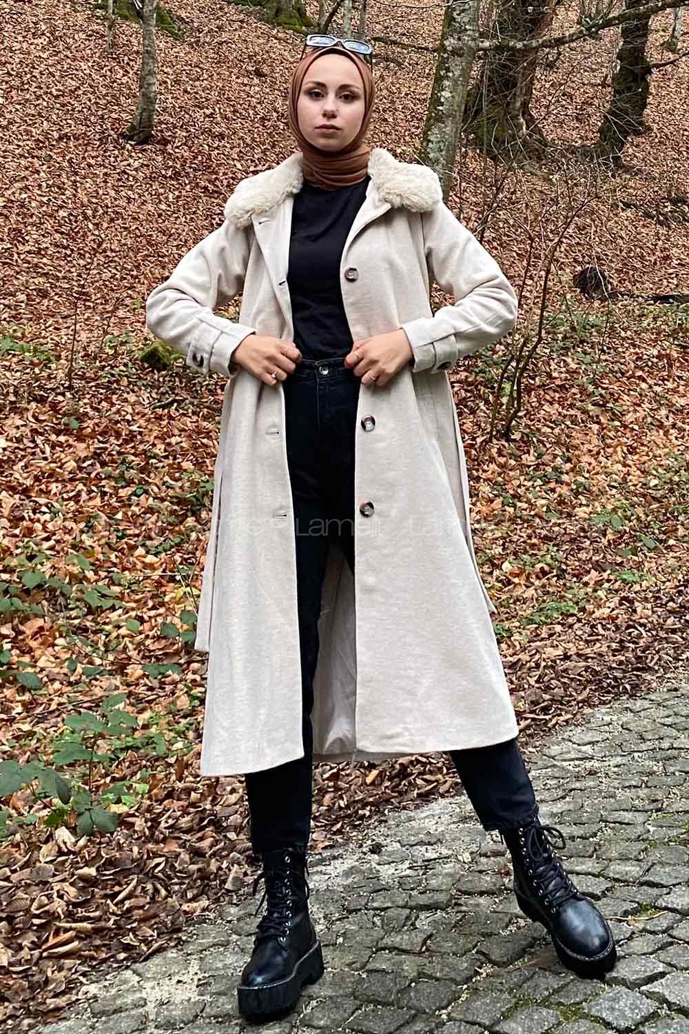 Modalamelif Kürk Detaylı Astarlı Kaşe Kaban Taş Rengi