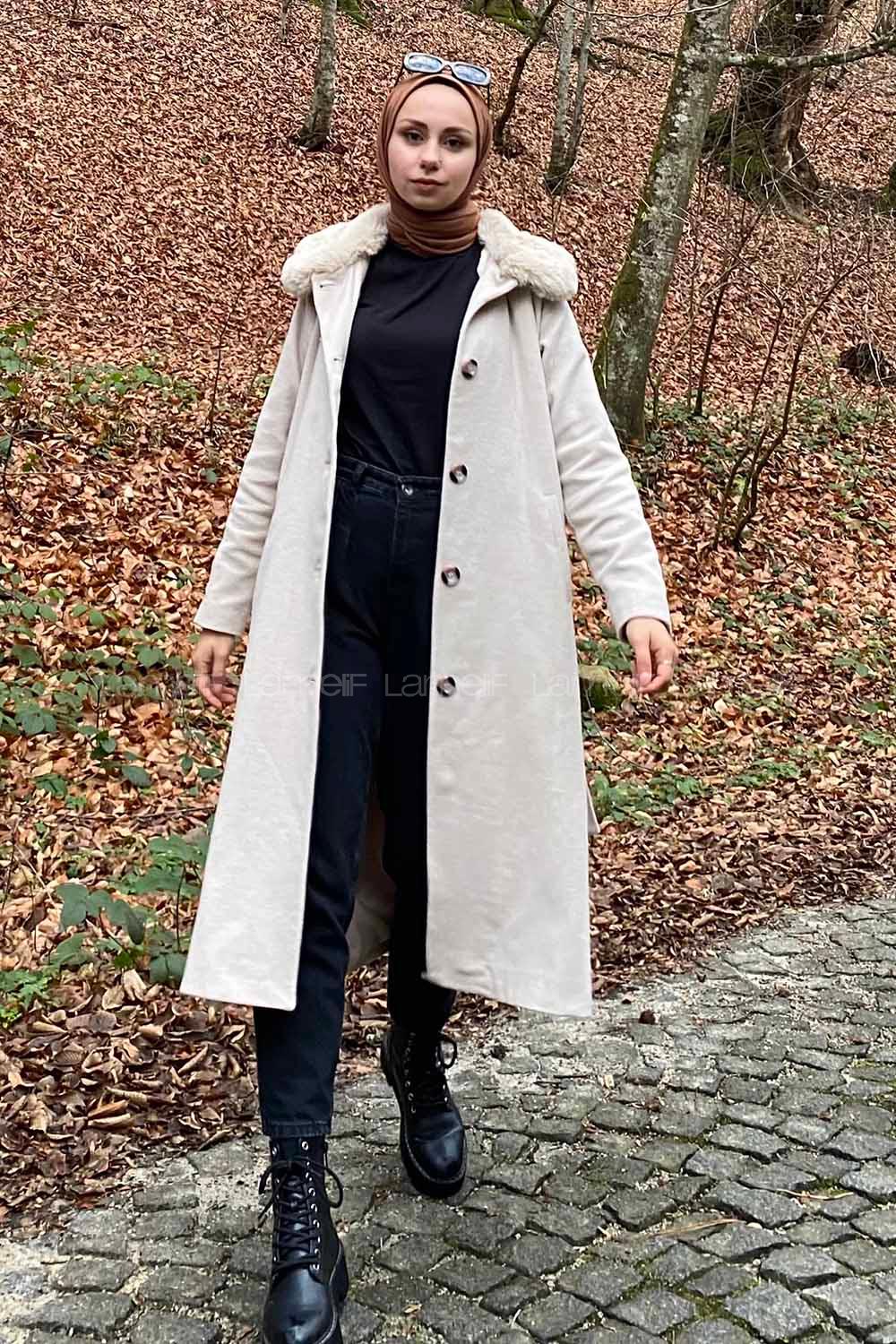 Modalamelif Kürk Detaylı Astarlı Kaşe Kaban Taş Rengi