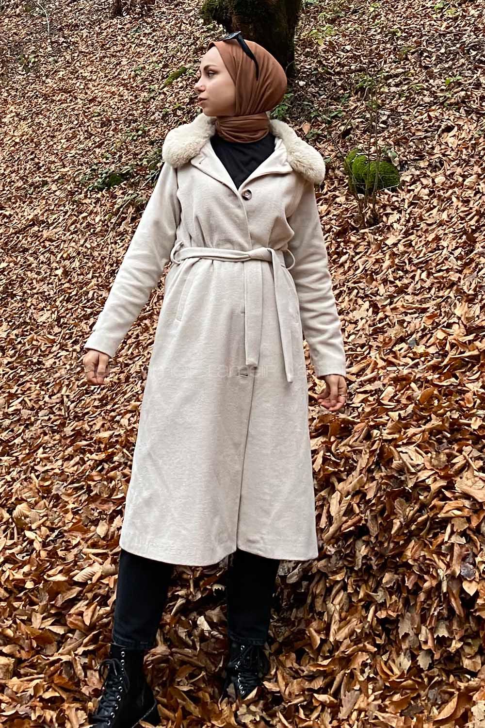 Modalamelif Kürk Detaylı Astarlı Kaşe Kaban Taş Rengi