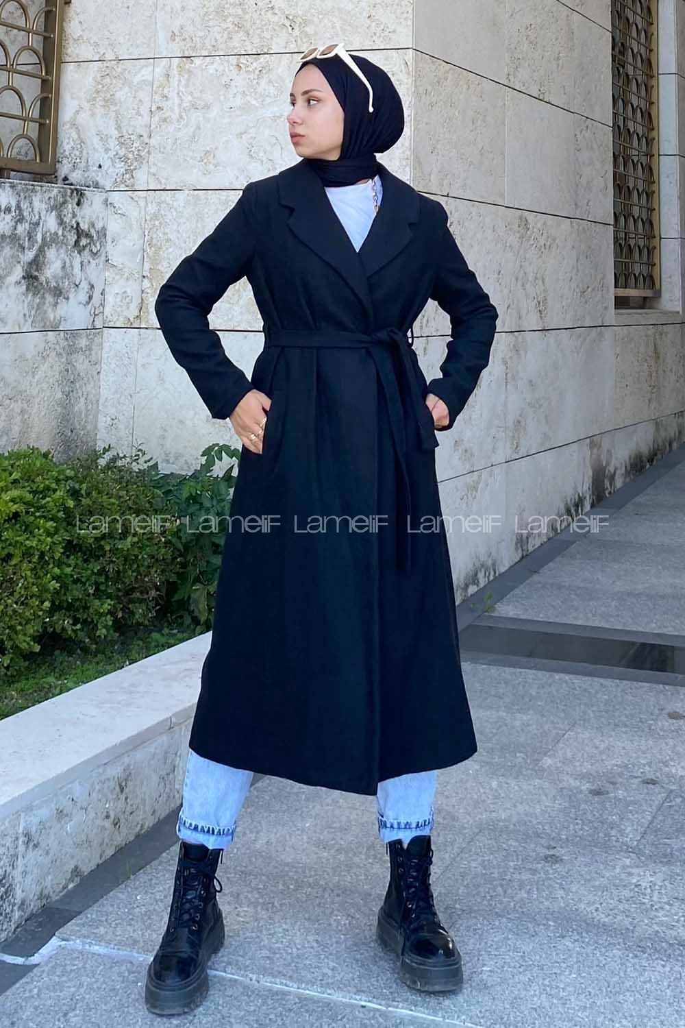 Modalamelif Kuşak Bağlamalı Kaşe Kaban Siyah