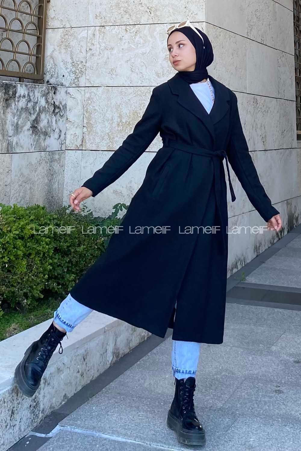 Modalamelif Kuşak Bağlamalı Kaşe Kaban Siyah