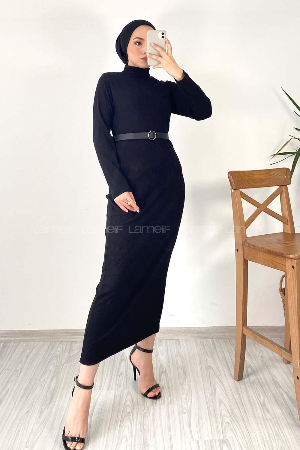 Modalamelif Siyah Fitilli Kaşkorse Elbise