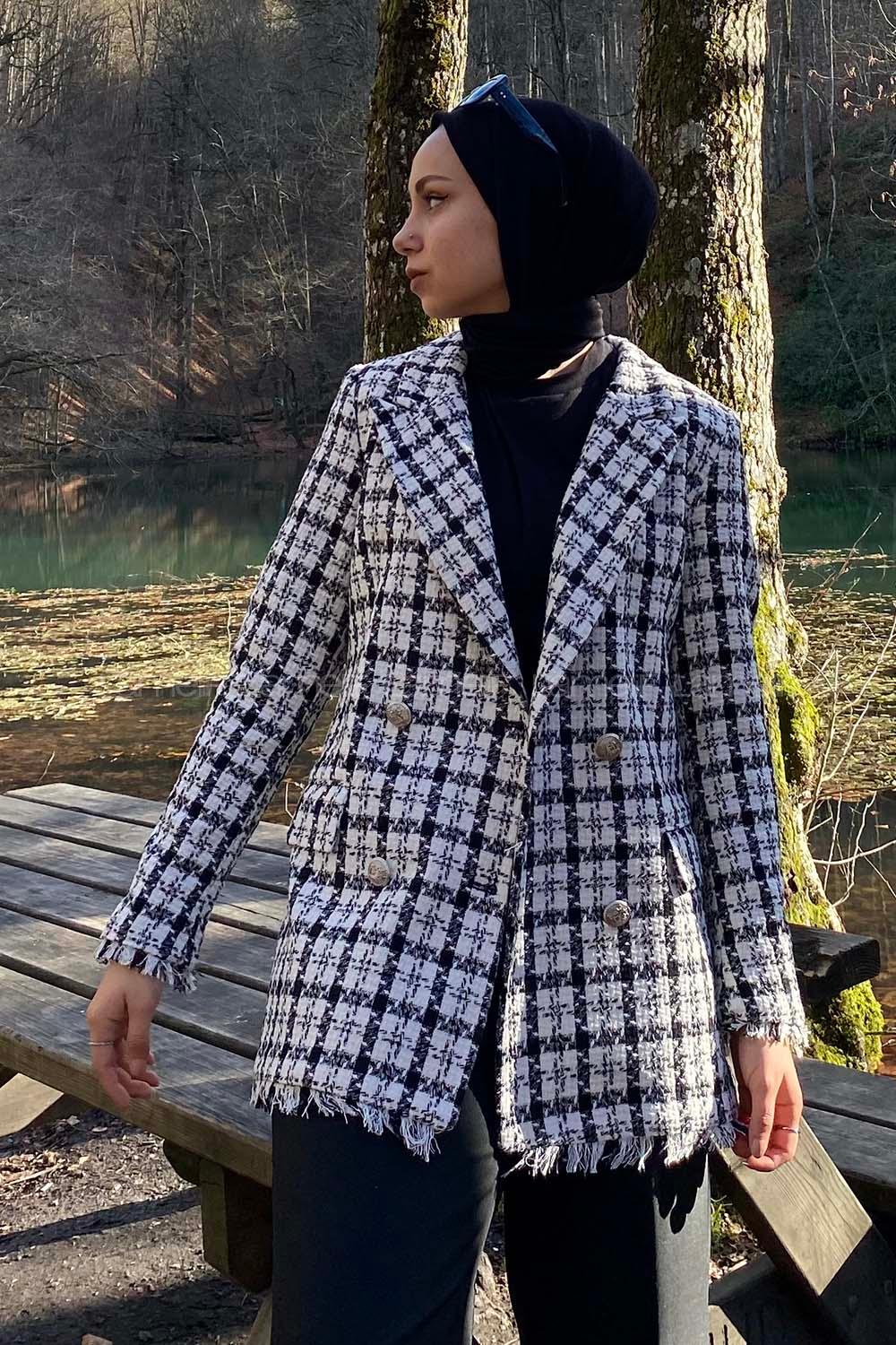 Modalamelif Tüvit Çeket Püskül Detaylı Beyaz-Siyah