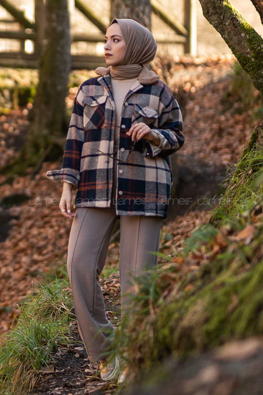 Modalamelif Ekose Desen Yaka Peluş Detaylı Ceket