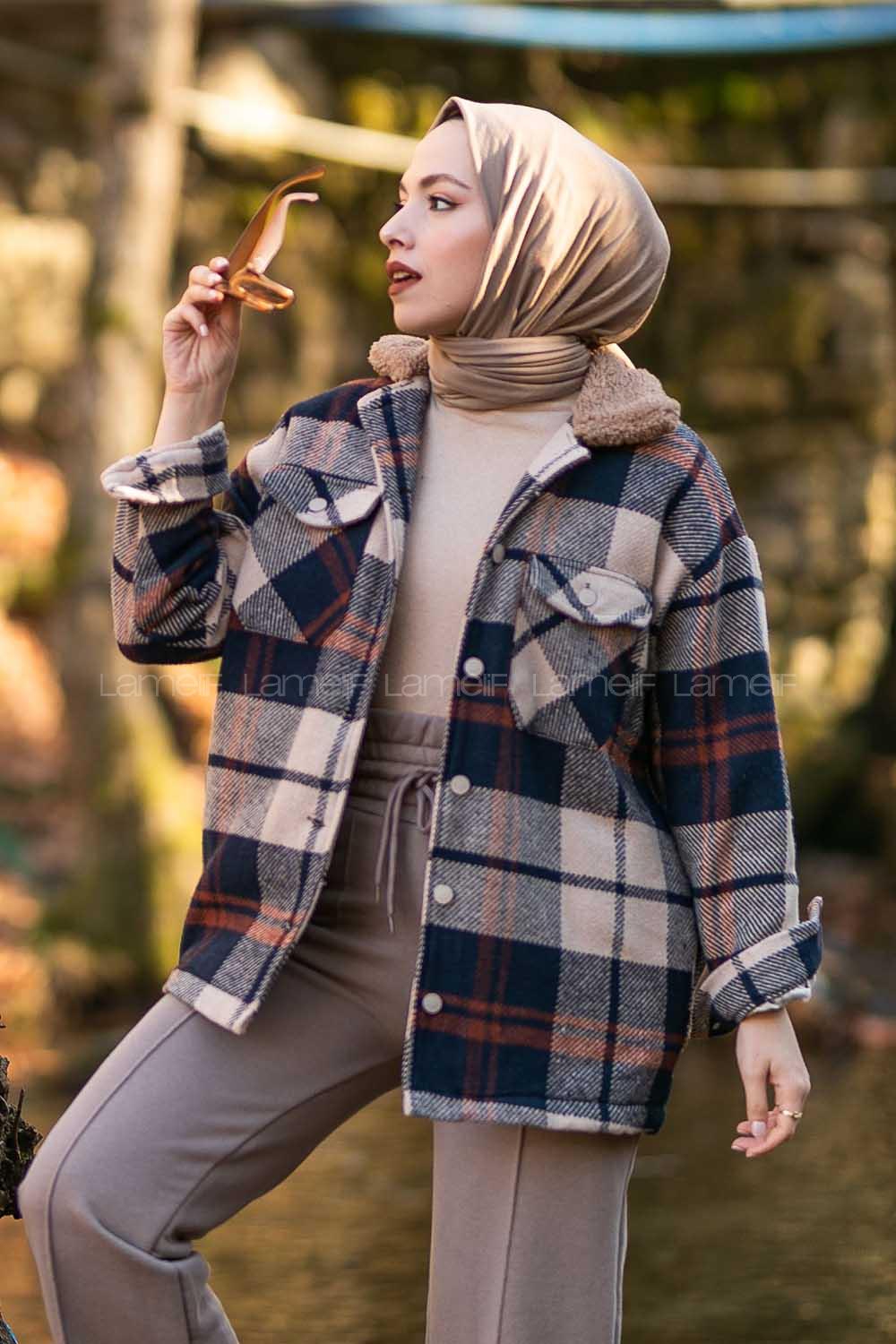 Modalamelif Ekose Desen Yaka Peluş Detaylı Ceket