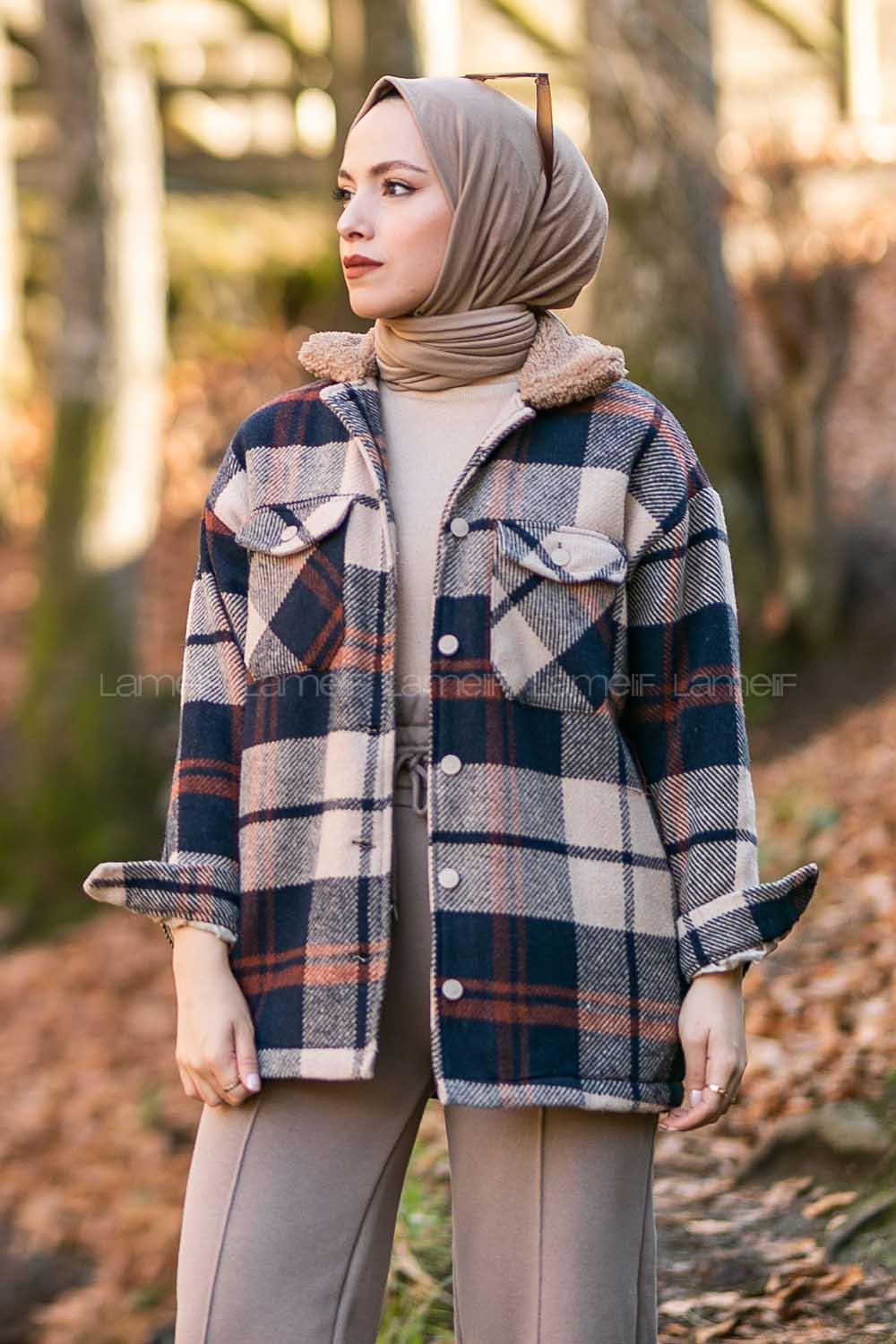 Modalamelif Ekose Desen Yaka Peluş Detaylı Ceket