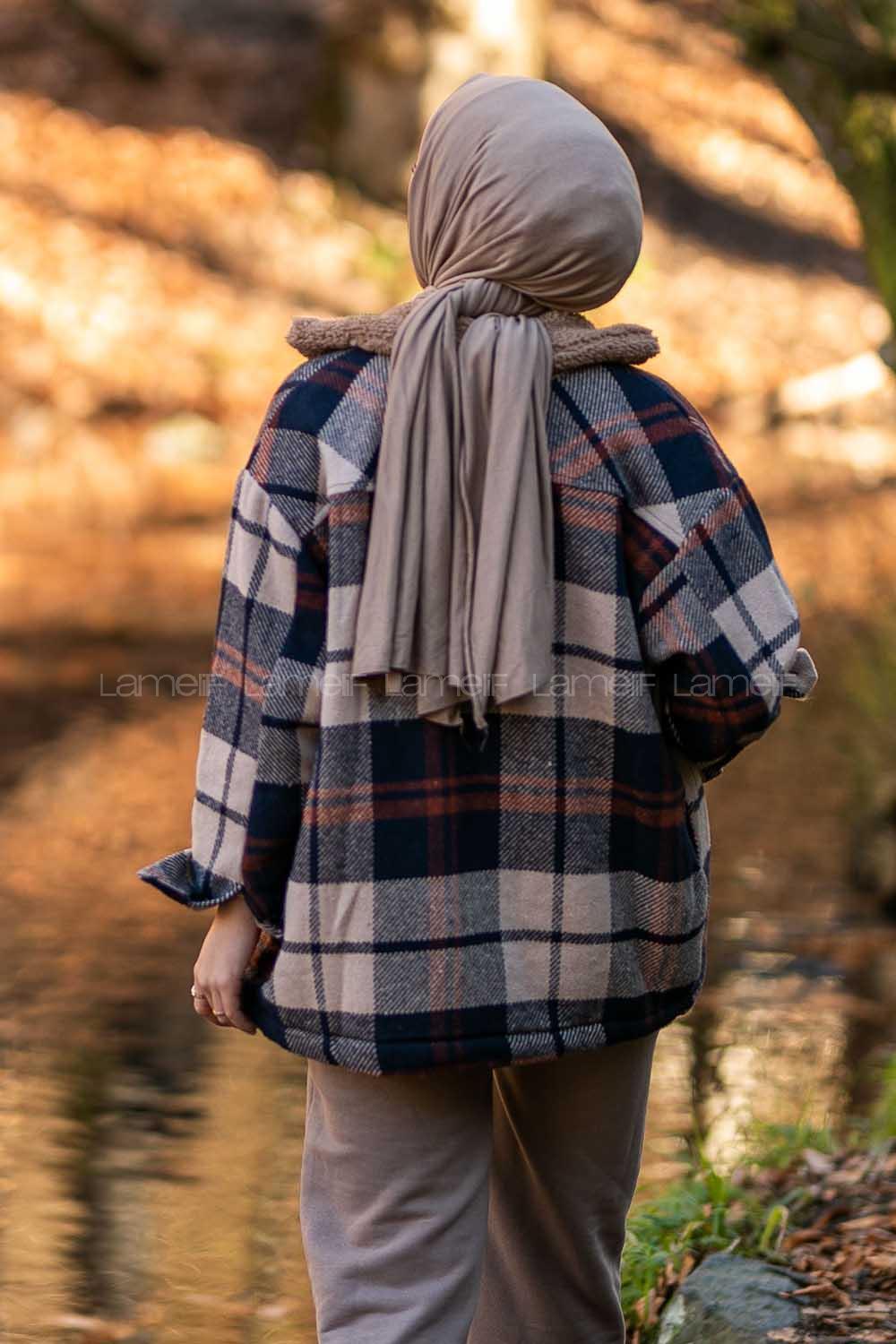 Modalamelif Ekose Desen Yaka Peluş Detaylı Ceket