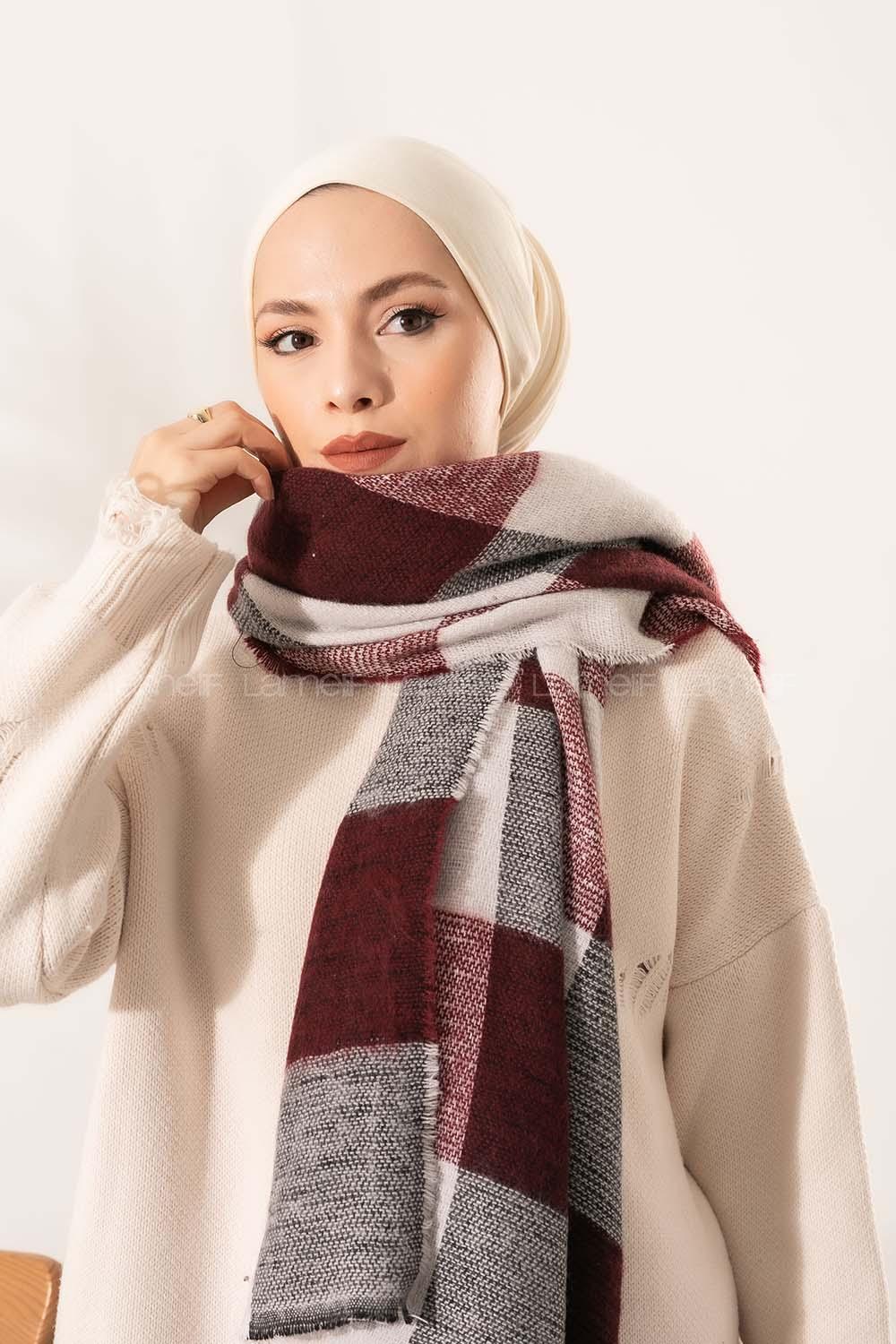 Modalamelif Ekose Kare omuz şal Acı Bordo-Beyaz