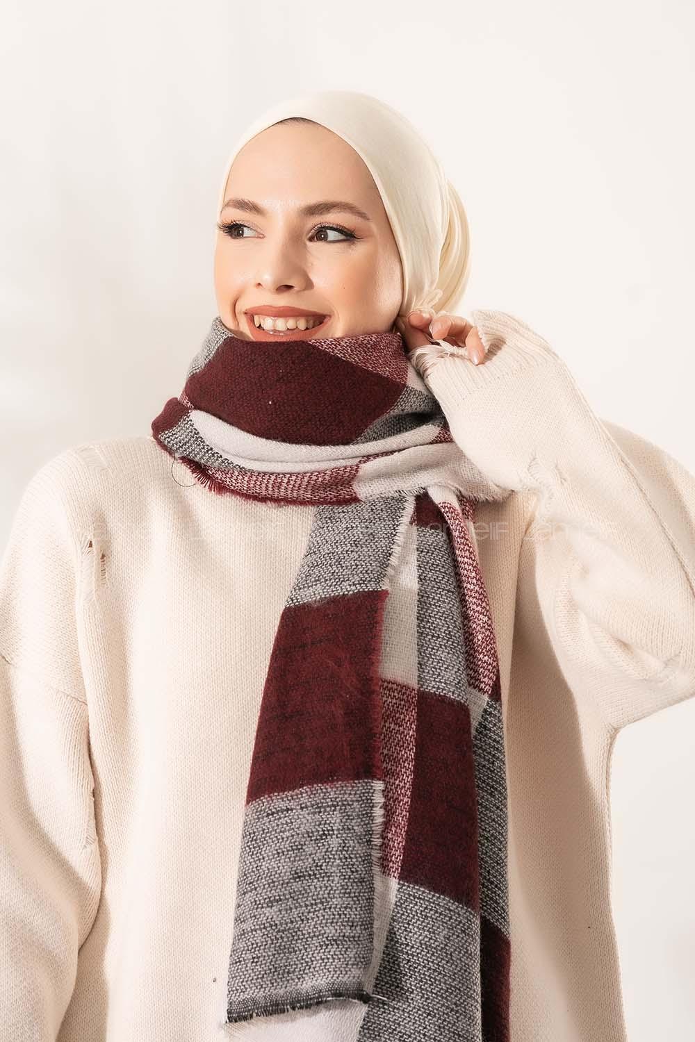 Modalamelif Ekose Kare omuz şal Acı Bordo-Beyaz