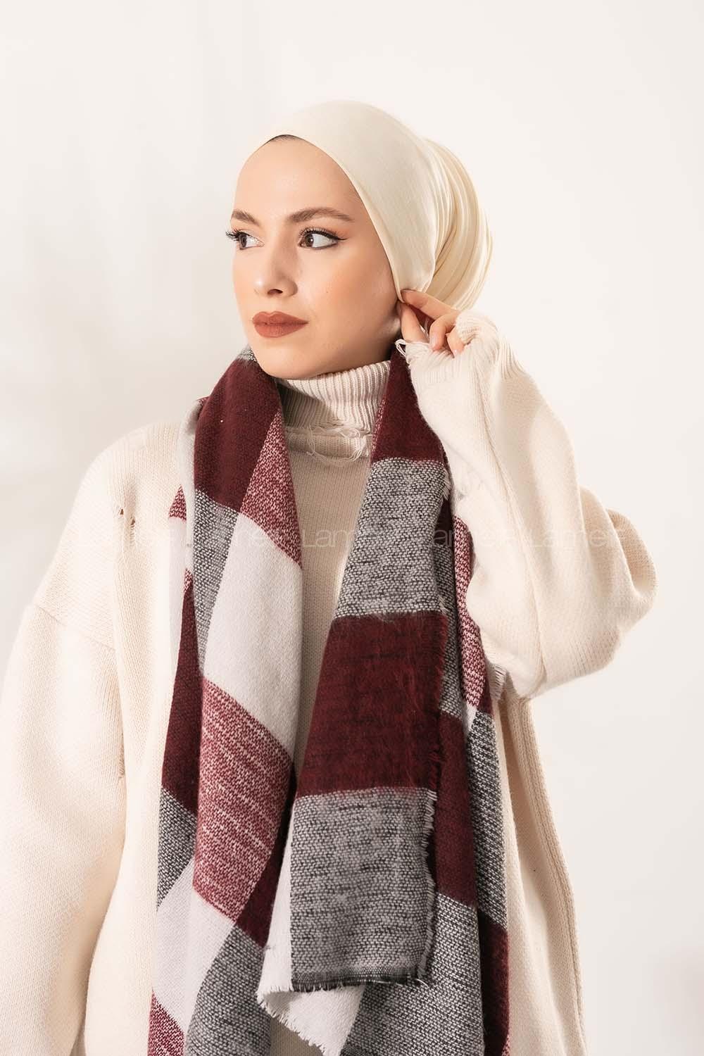 Modalamelif Ekose Kare omuz şal Acı Bordo-Beyaz