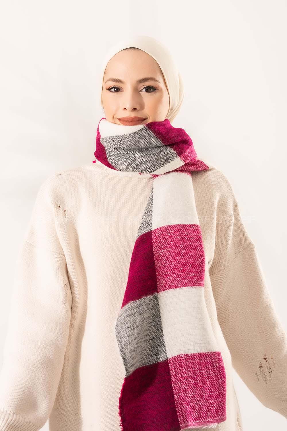 Modalamelif Ekose Kare omuz şal Fuşya-Ekru