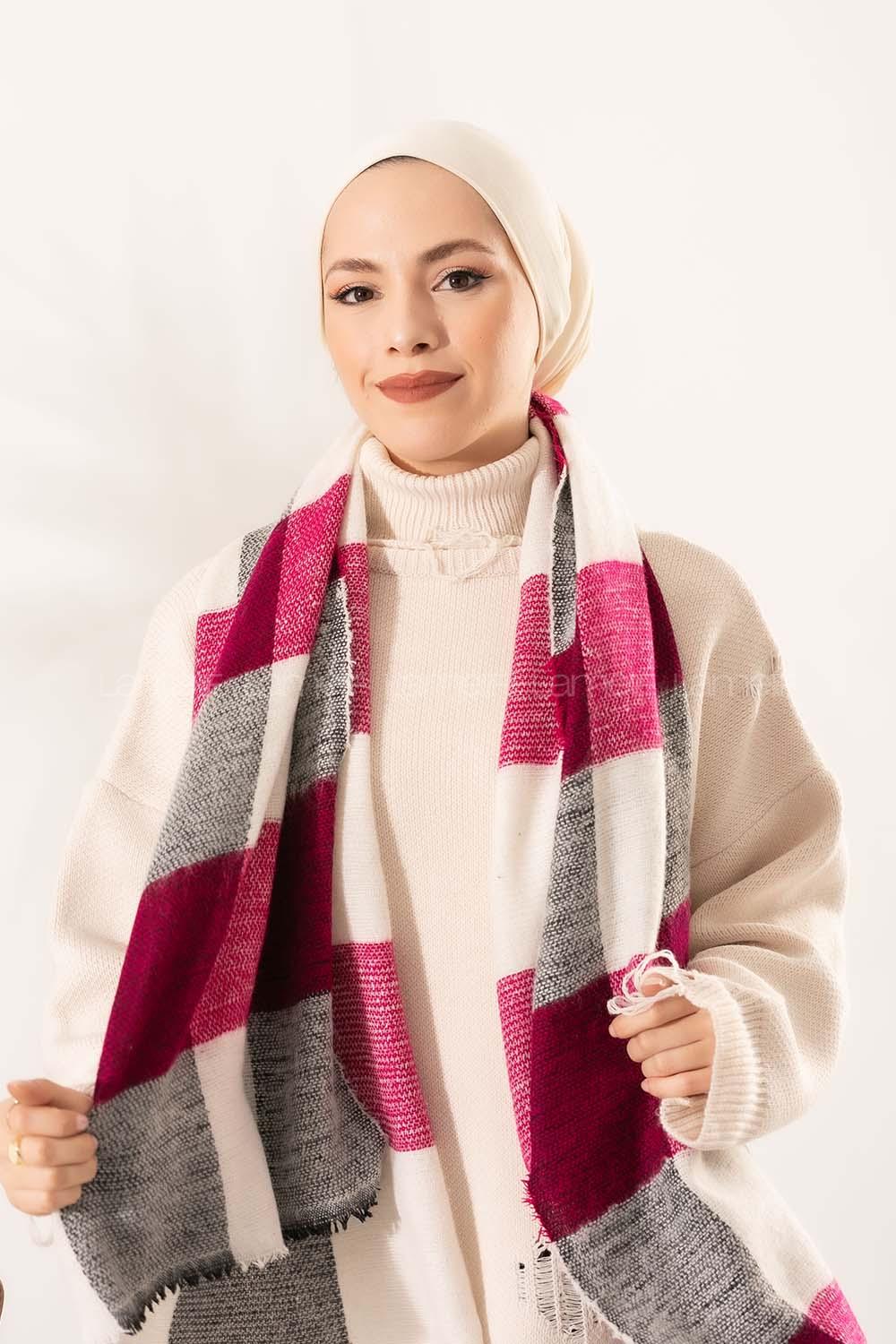 Modalamelif Ekose Kare omuz şal Fuşya-Ekru