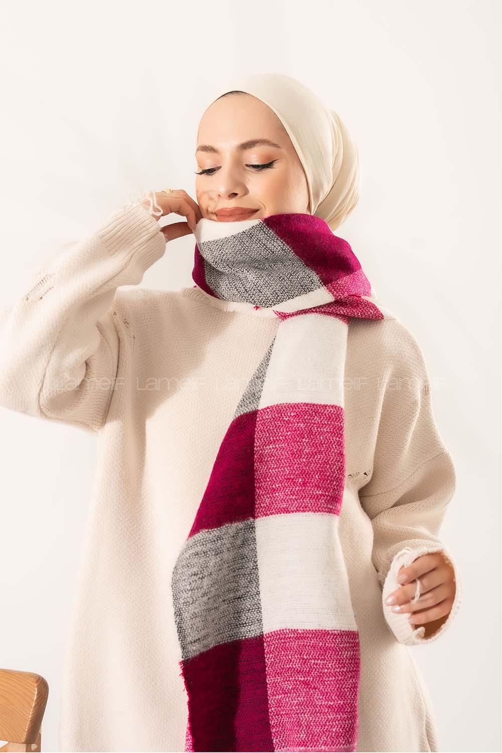 Modalamelif Ekose Kare omuz şal Fuşya-Ekru