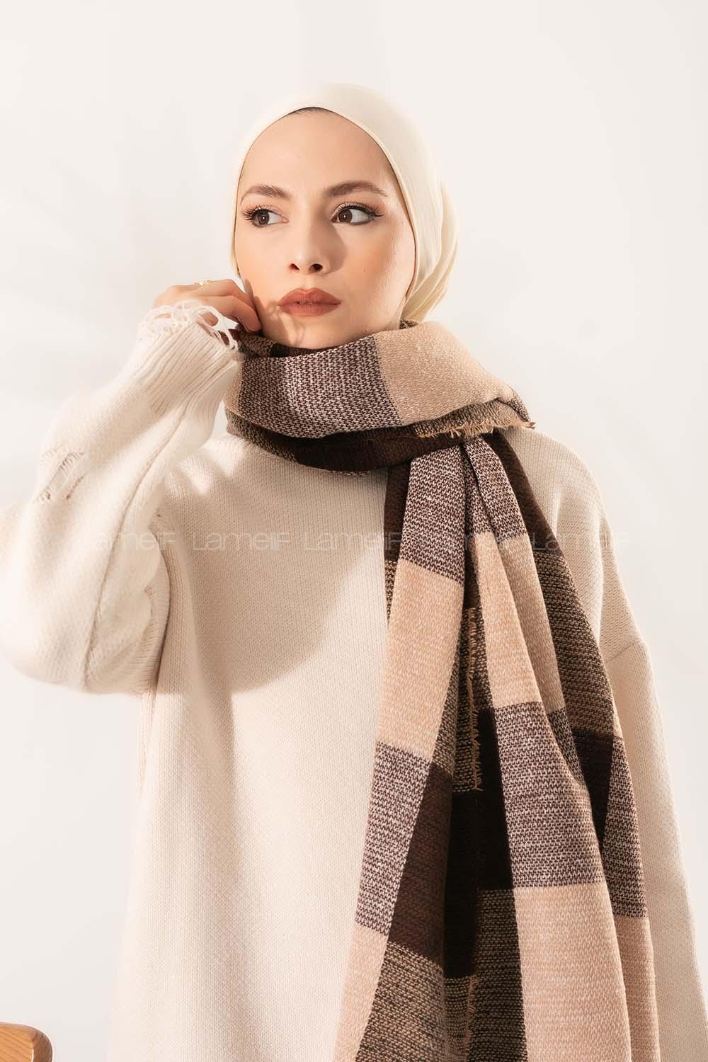 Modalamelif Ekose Kare omuz şal Kahve-Bej