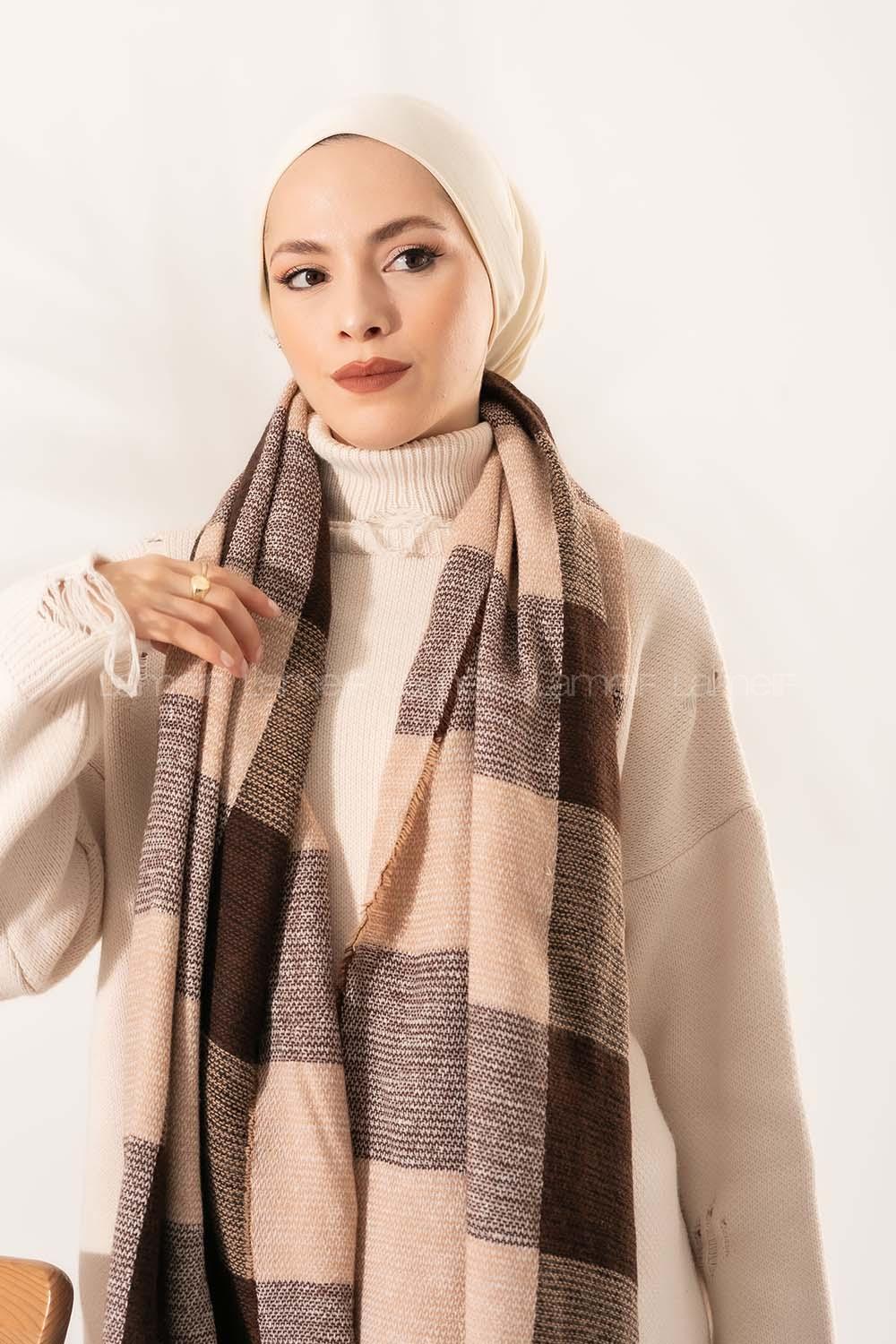 Modalamelif Ekose Kare omuz şal Kahve-Bej