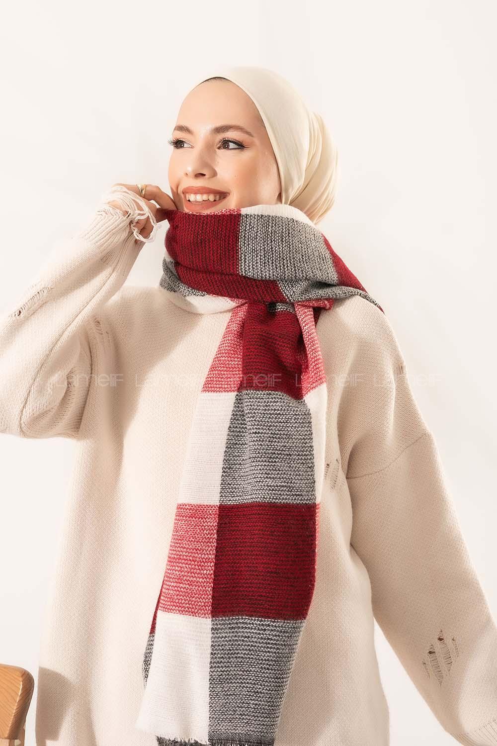 Modalamelif Ekose Kare omuz şal Kırmızı-Beyaz
