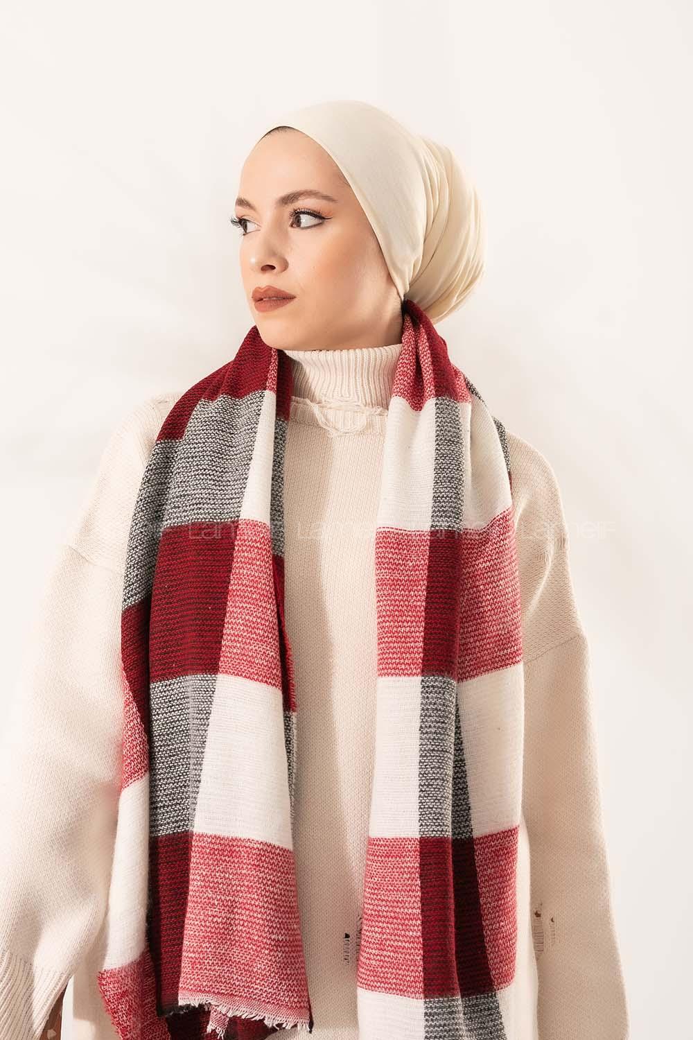 Modalamelif Ekose Kare omuz şal Kırmızı-Beyaz