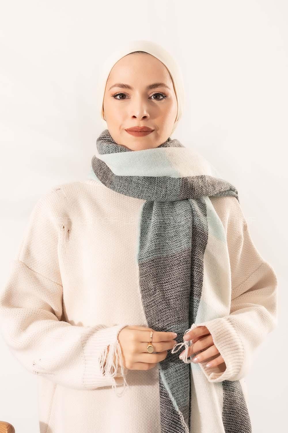 Modalamelif Ekose Kare omuz şal Mint Yeşili-Ekru