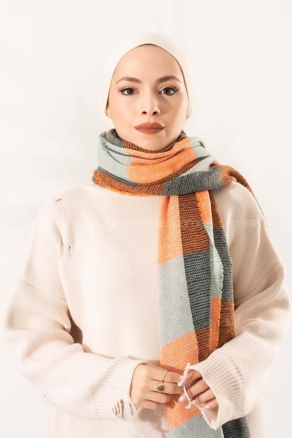 Modalamelif Ekose Kare omuz şal Oranj-Petrol Yeşili