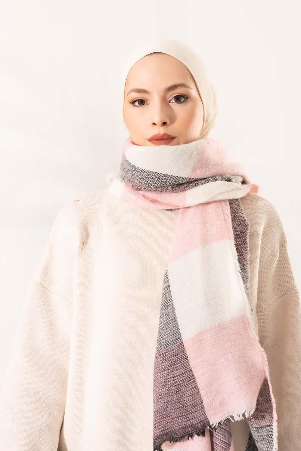 Modalamelif Ekose Kare omuz şal Pudra-Ekru