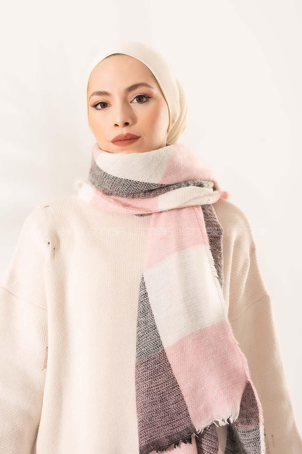 Modalamelif Ekose Kare omuz şal Pudra-Ekru