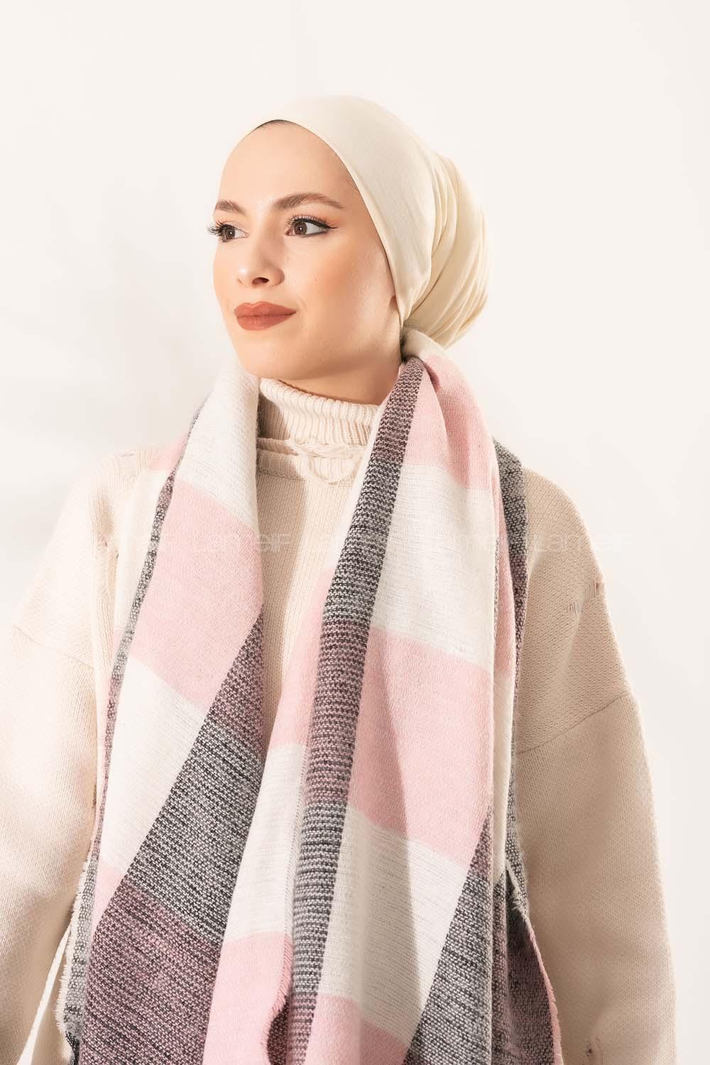 Modalamelif Ekose Kare omuz şal Pudra-Ekru