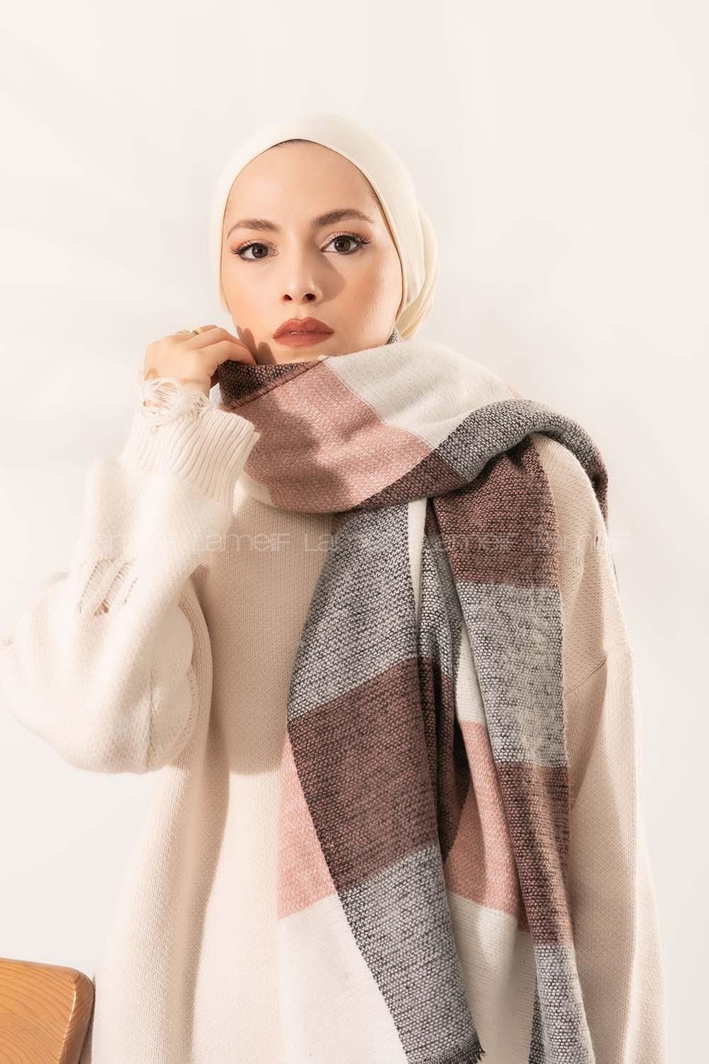 Modalamelif Ekose Kare omuz şal Pudra-Gri