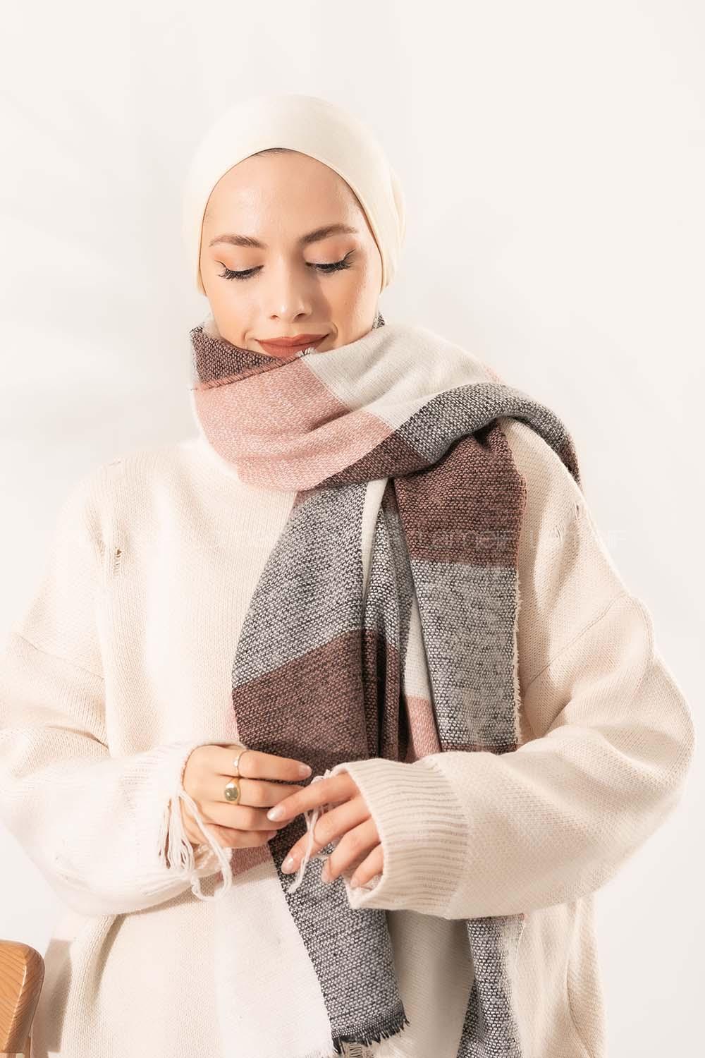 Modalamelif Ekose Kare omuz şal Pudra-Gri