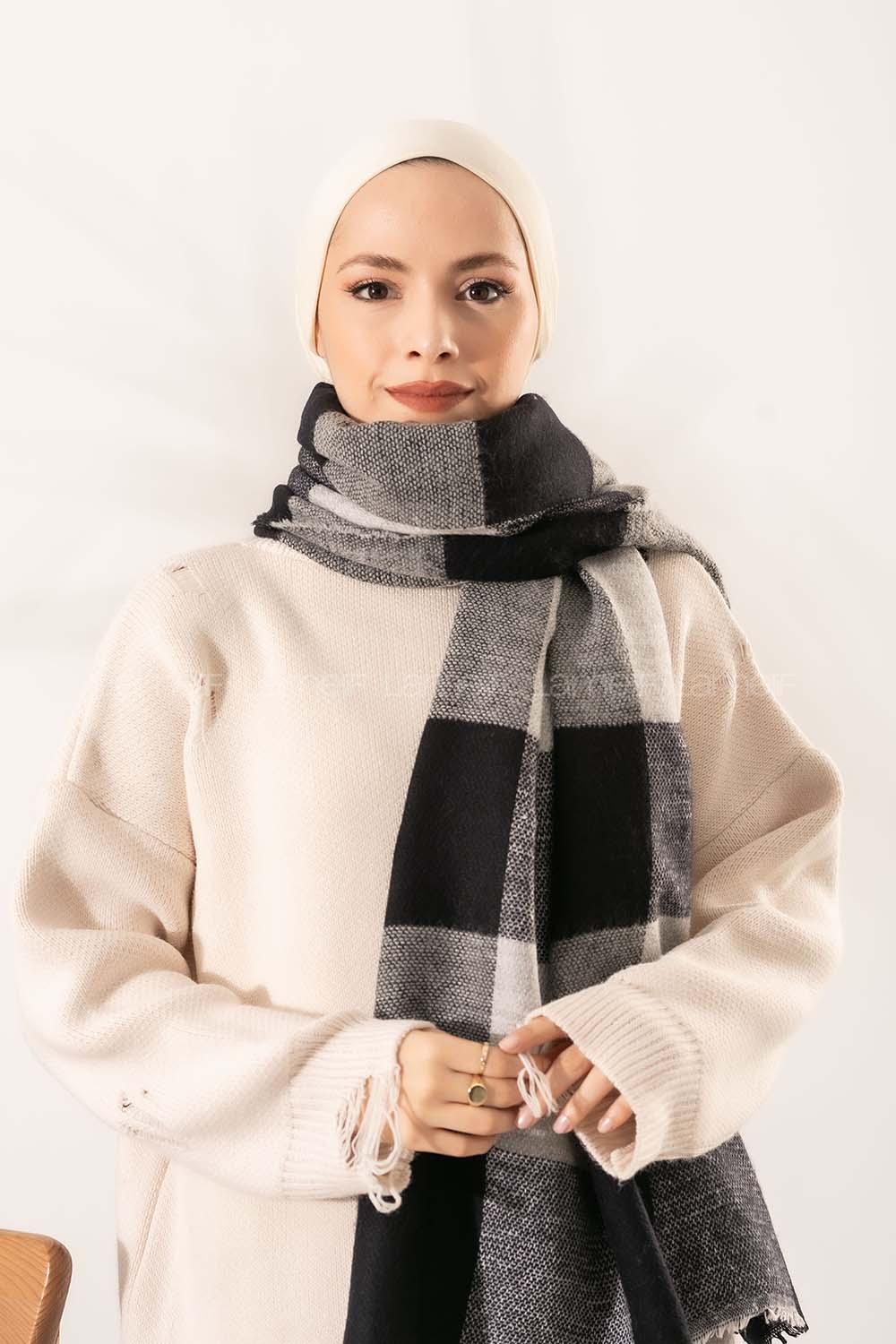 Modalamelif Ekose Kare omuz şal Siyah-Gri
