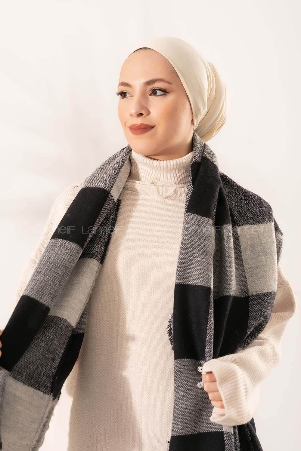 Modalamelif Ekose Kare omuz şal Siyah-Gri