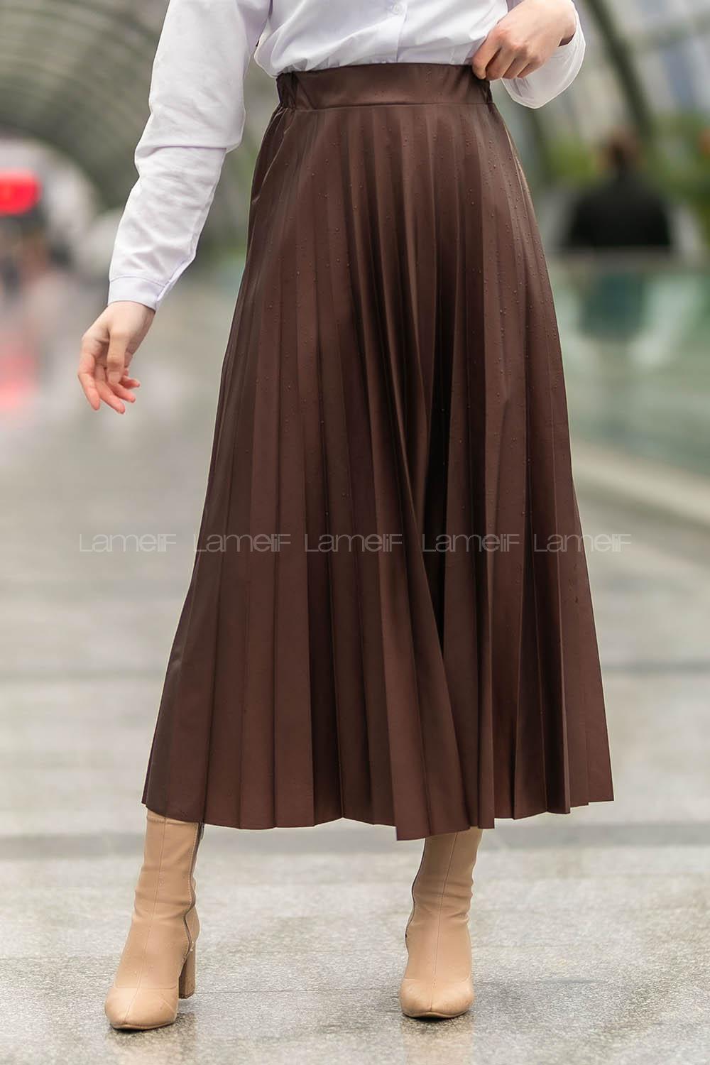 Modalamelif Bel Lastikli Piliseli Laklı Etek Acıkahve