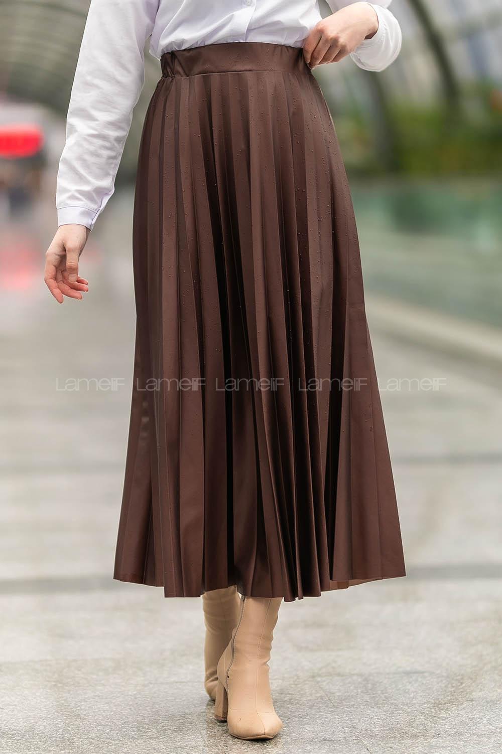 Modalamelif Bel Lastikli Piliseli Laklı Etek Acıkahve