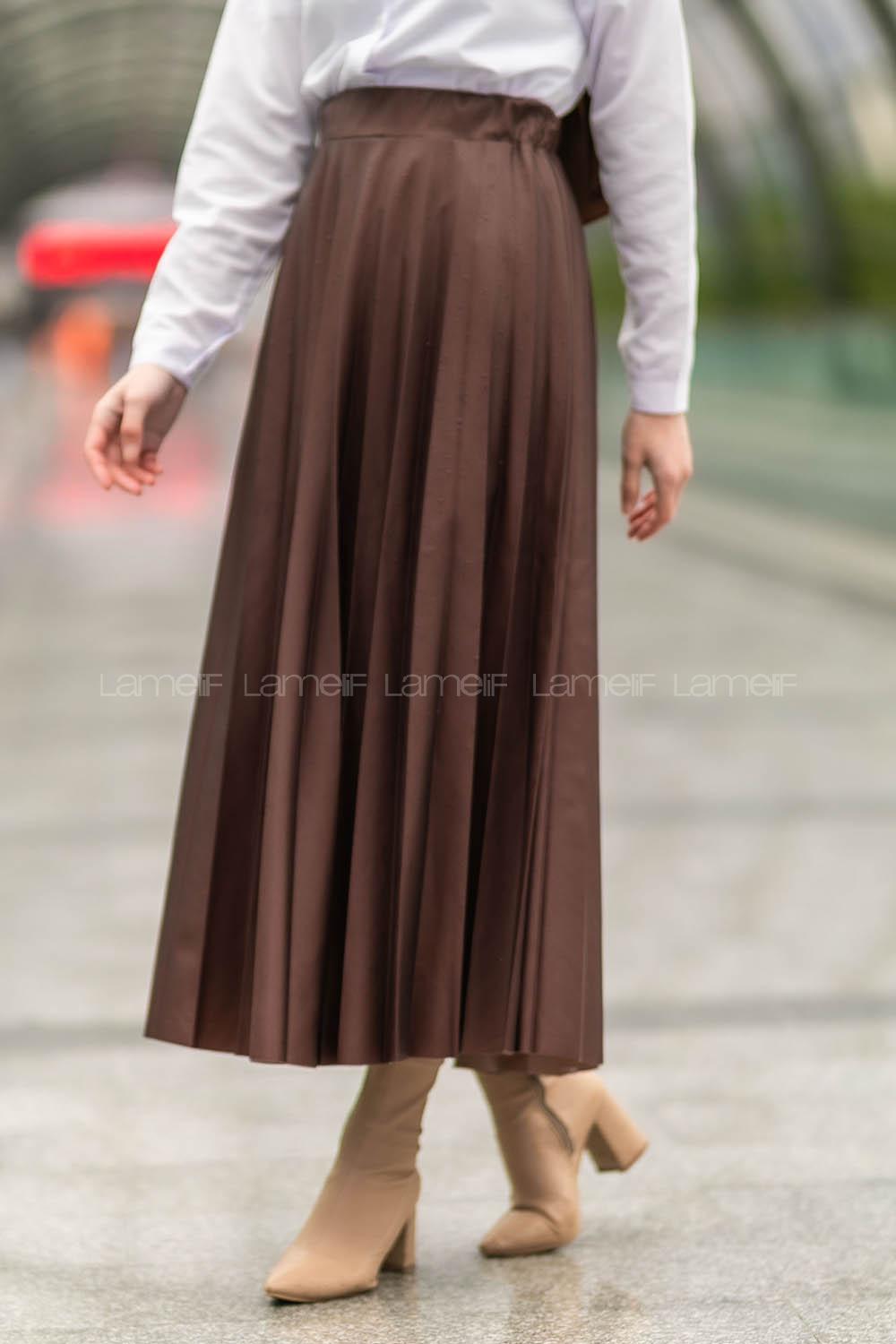 Modalamelif Bel Lastikli Piliseli Laklı Etek Acıkahve