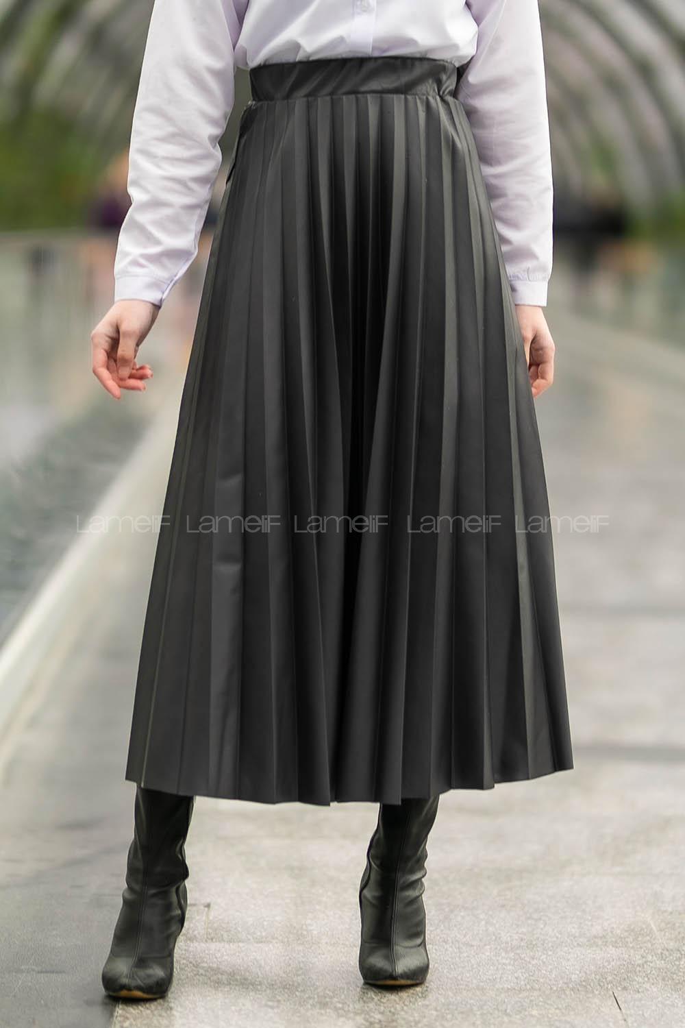 Modalamelif Bel Lastikli Piliseli Laklı Etek Siyah