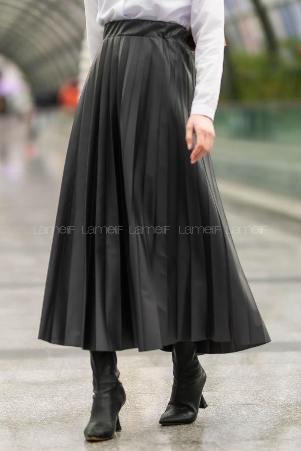 Modalamelif Bel Lastikli Piliseli Laklı Etek Siyah