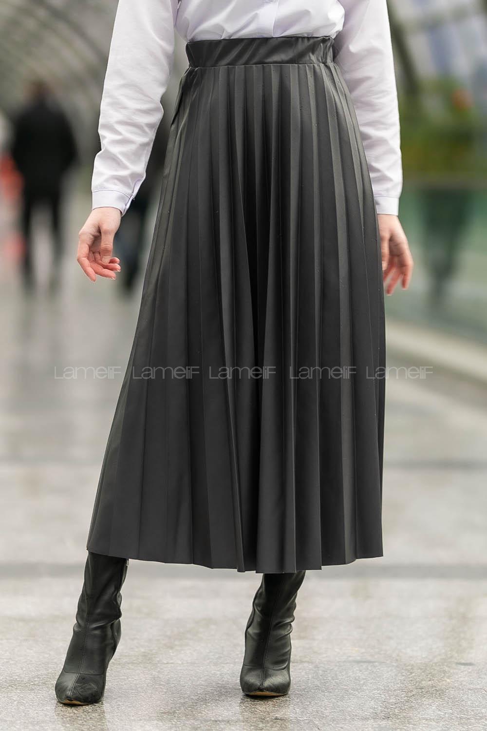 Modalamelif Bel Lastikli Piliseli Laklı Etek Siyah